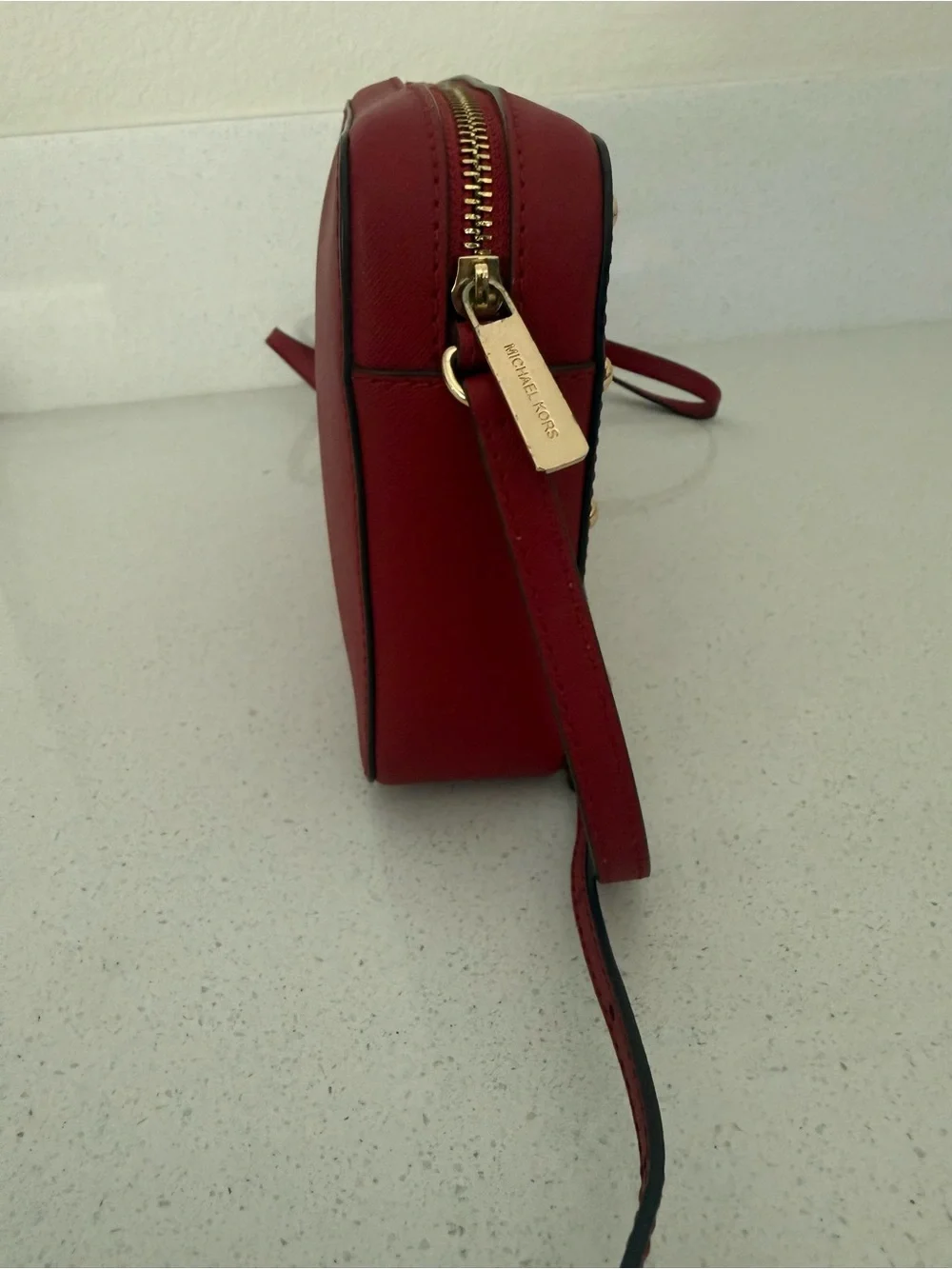 Michael Kors Red Sandrine Safffiano Leather Crossbody with Gold Studs